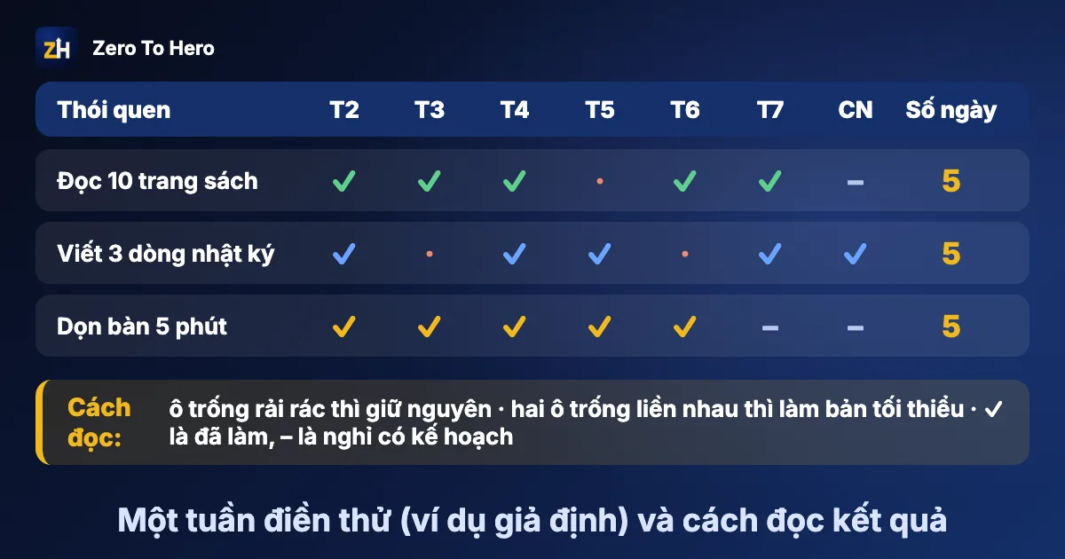 Bảng theo dõi thói quen hàng ngày: lưới bảy ngày với các ô tick và cột bản tối thiểu