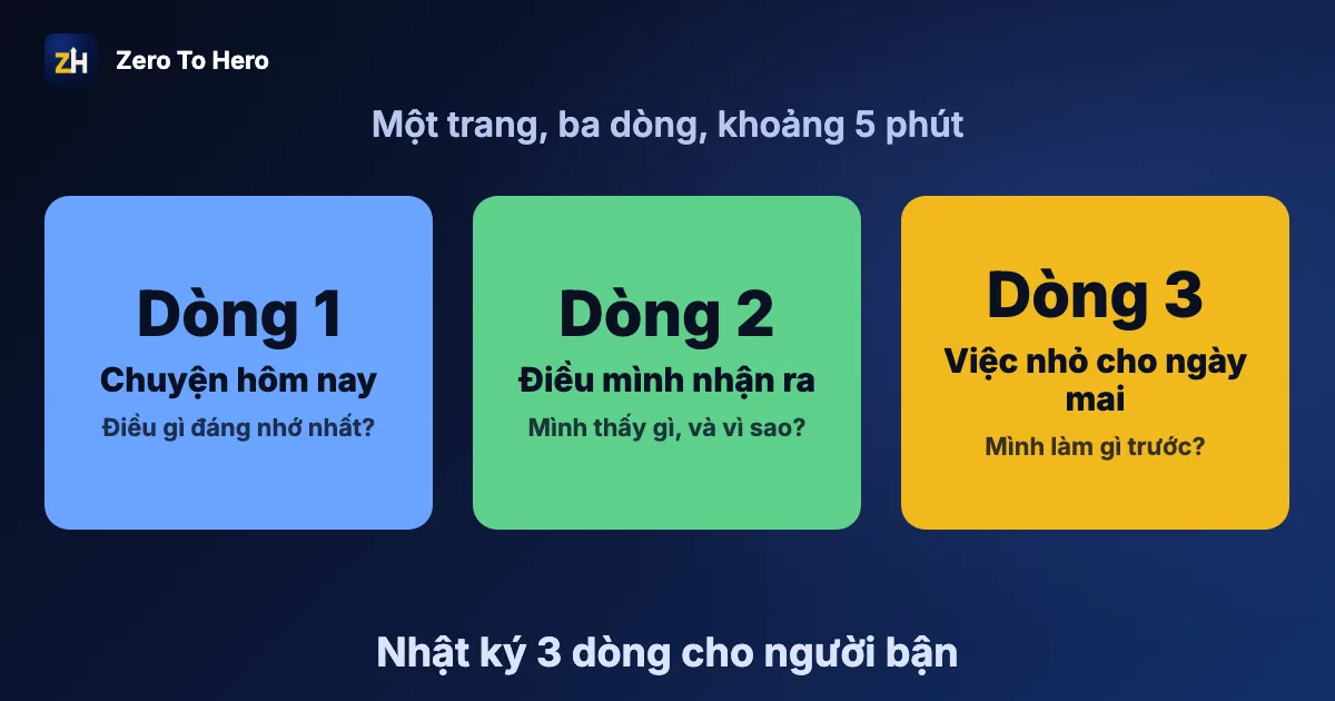 Cách viết nhật ký mỗi ngày với mẫu ba dòng: chuyện hôm nay, điều nhận ra và một việc nhỏ cho ngày mai