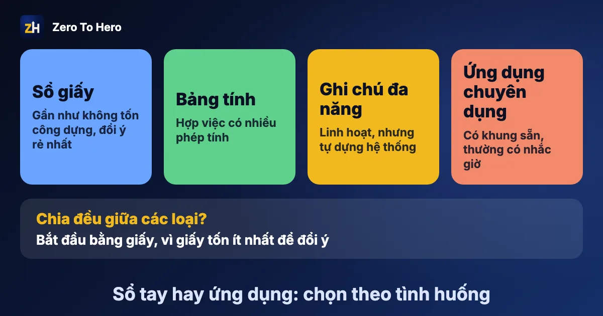 Sổ tay hay ứng dụng: bốn loại công cụ gồm sổ giấy, bảng tính, ghi chú đa năng, ứng dụng chuyên dụng và sáu câu hỏi để chọn