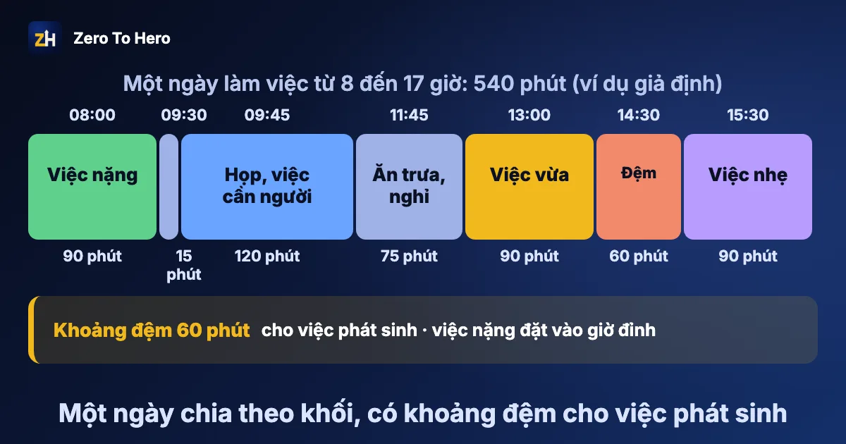 Thời gian biểu cho người đi làm: một ngày làm việc chia thành khối việc nặng, việc cần người, khoảng đệm và việc nhẹ