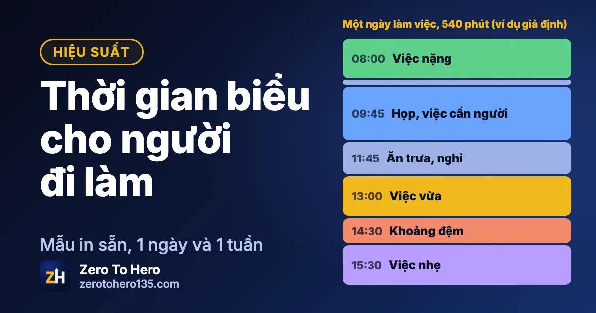 Ảnh bìa bài thời gian biểu cho người đi làm với các khối giờ trong một ngày làm việc